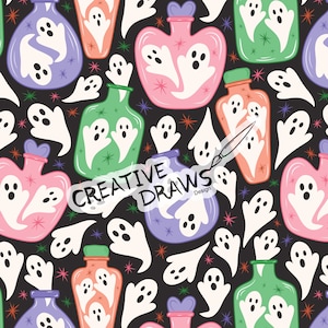 Ghost Bottles Seamless Pattern, Halloween Digital Repeat Pattern for Personal and Commercial use