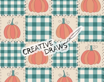 Patrón de patchwork de cuadros vichy de calabaza sin costuras, descarga digital de archivo sin costuras