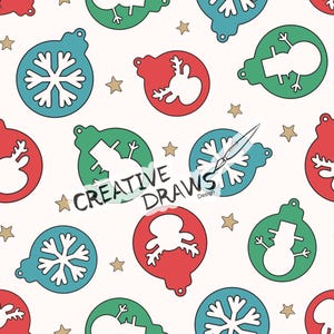 May include: A repeating pattern of Christmas baubles in red, green, and blue, each with a different festive design. The baubles are interspersed with small gold stars on a white background. The text "CREATIVE DRAWS Design" is also present.