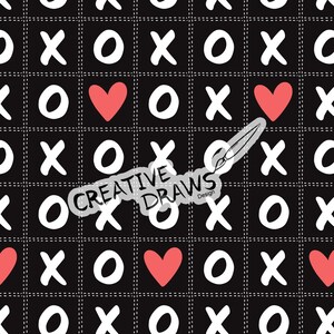 May include: A black and white pattern of Xs and Os on a black background. The pattern is repeated in a grid. There are two red hearts in the centre of the grid. The text "CREATIVE DRAWS Design" is written in white on a black background.