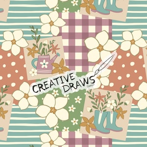 May include: A seamless pattern featuring a patchwork design with floral and botanical elements. The design includes flowers, watering cans, and rain boots in a pastel color palette. The text "CREATIVE DRAWS" is also present.