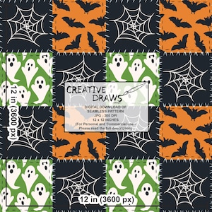 May include: A digital Halloween seamless pattern with repeating squares. The design includes bats, spiderwebs, and ghosts in black, orange, green, and white. The image includes the text "CREATIVE DRAWS Design" and is 30.48 cm x 30.48 cm.