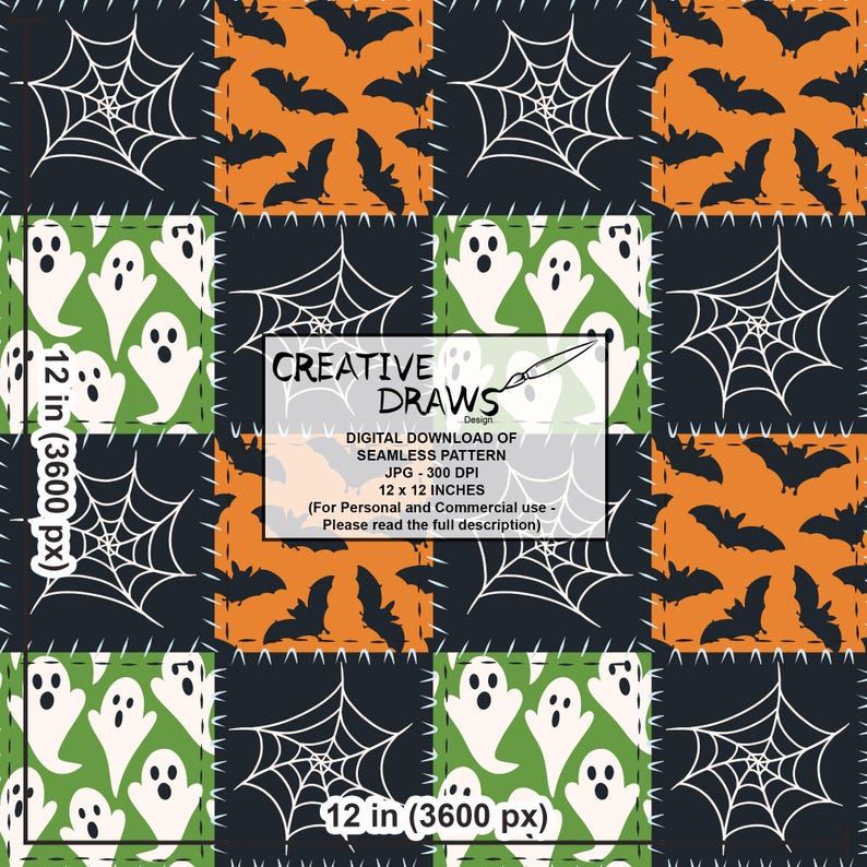 May include: A digital Halloween seamless pattern with repeating squares. The design includes bats, spiderwebs, and ghosts in black, orange, green, and white. The image includes the text "CREATIVE DRAWS Design" and is 30.48 cm x 30.48 cm.