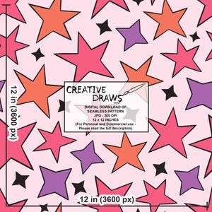 Puede incluir: Descarga digital de un patr&oacute;n sin costuras con un dise&ntilde;o repetitivo de estrellas de varios tama&ntilde;os y colores, incluyendo rosa, naranja, morado y negro, sobre un fondo rosa claro. El patr&oacute;n mide 30,48 x 30,48 cm.