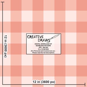 May include: Digital download of a seamless pattern with a gingham design in shades of peach and white. The image includes the text "CREATIVE DRAWS Design" and details about the digital download, including its 12 x 12 inch size.