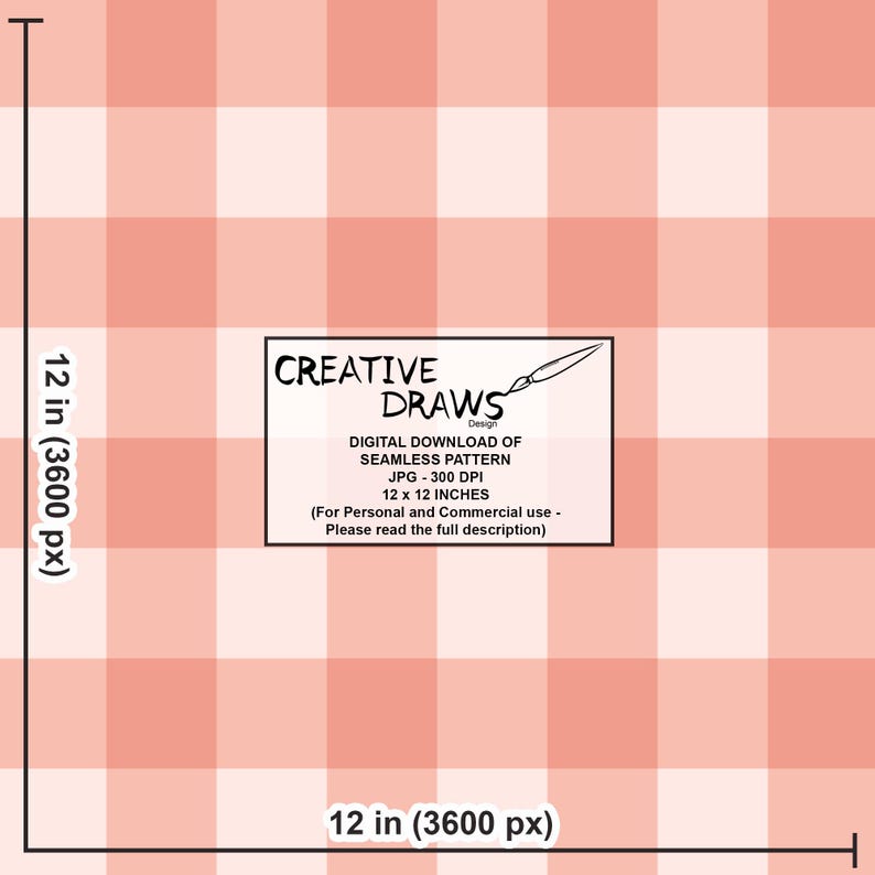 May include: Digital download of a seamless pattern with a gingham design in shades of peach and white. The image includes the text "CREATIVE DRAWS Design" and details about the digital download, including its 12 x 12 inch size.