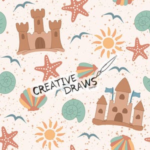 May include: A seamless pattern featuring a beach theme with sandcastles, seashells, starfish, and suns. The pattern is in a light beige color with brown, orange, and blue accents. The text "CREATIVE DRAWS Design" is included in the pattern.