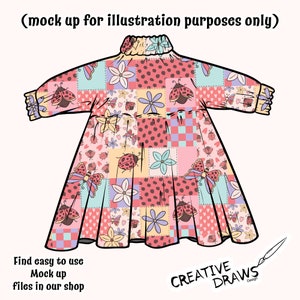May include: A pink and yellow patchwork dress with a ruffled collar and long sleeves. The dress features a repeating pattern of ladybirds, butterflies, and flowers.