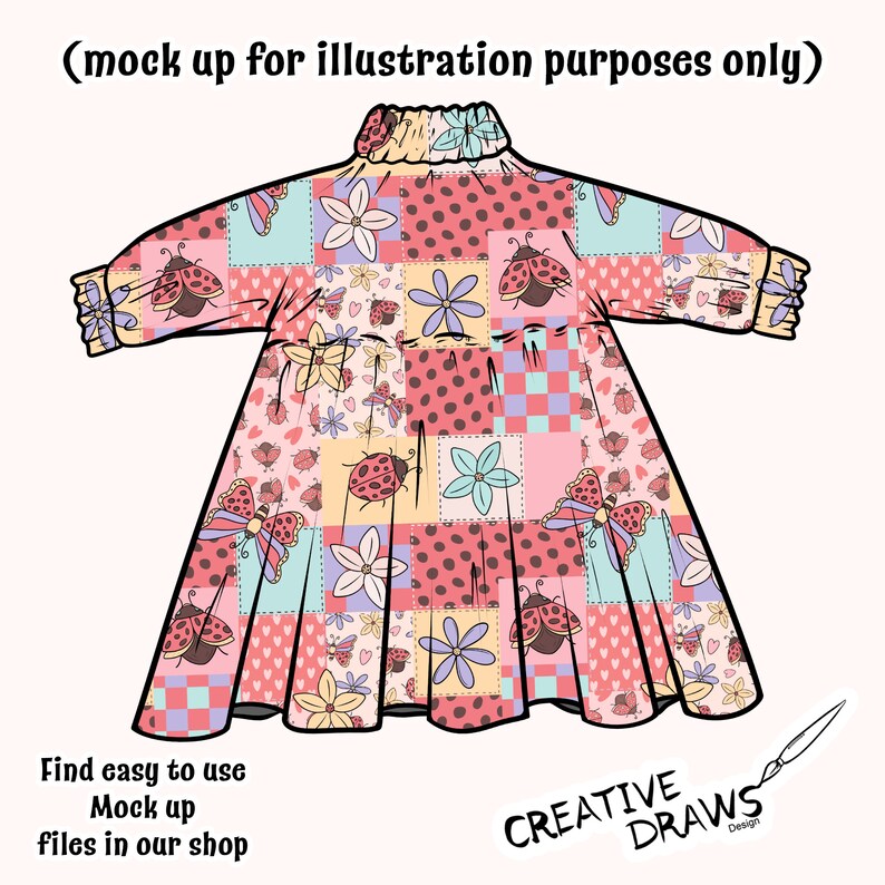 May include: A pink and yellow patchwork dress with a ruffled collar and long sleeves. The dress features a repeating pattern of ladybirds, butterflies, and flowers.