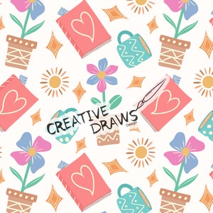 以下が含まれることがあります： ハートのデザインの書籍、鉢植えの花、マグカップ、太陽、ひし形を特徴とする繰り返しパターン。テキスト「CREATIVE DRAWS」がデザインに重ねられています。カラーパレットには、白地の上にピンク、ブルー、オレンジ、ブラウンが含まれています。