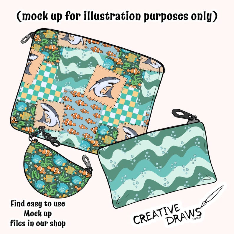May include: Three zippered pouches with marine life patterns. A large pouch has a patchwork design with sharks, fish, and coral. A smaller, half-circle pouch has a similar fish pattern. The third pouch has a wavy pattern. Text: "(mock up for illustration purposes only)" and "Find easy to use Mock up files in our shop".