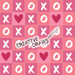 Puede incluir: Un patrón rosa y blanco con un tablero de tres en raya con corazones y círculos. El texto "CREATIVE DRAWS Design" está en el centro de la imagen.