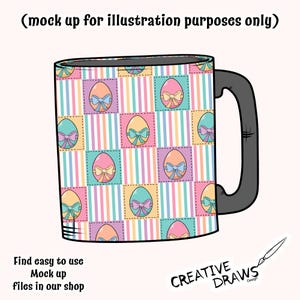 May include: A white ceramic mug with a black handle. The mug has a colorful pattern of pastel pink, blue, yellow, and green stripes and squares with Easter eggs on it.