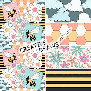 May include: A patchwork design featuring bees, daisies, and clouds. The design includes squares with bees, daisies, and a honeycomb pattern. The text "CREATIVE DRAWS Design" is also present. The color palette includes pink, yellow, blue, and black.