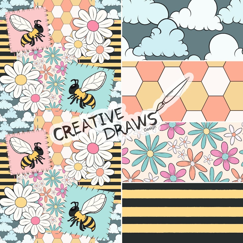 Op de afbeelding: Een patchwork ontwerp met bijen, madeliefjes en wolken. Het ontwerp bevat vierkanten met bijen, madeliefjes en een honingraatpatroon. De tekst "CREATIVE DRAWS Design" is ook aanwezig. Het kleurenpalet omvat roze, geel, blauw en zwart.