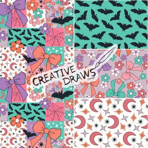 Puede incluir: Un diseño de patchwork con patrones repetidos de murciélagos, lazos, flores, telarañas, lunas y estrellas en tonos rosa, morado, naranja, verde azulado y blanco. El texto "CREATIVE DRAWS Design" es visible.