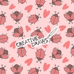 May include: A seamless pattern featuring pink ladybugs with white hearts on a pink background. The pattern also includes pink hearts. The text "CREATIVE DRAWS Design" is included in the pattern.