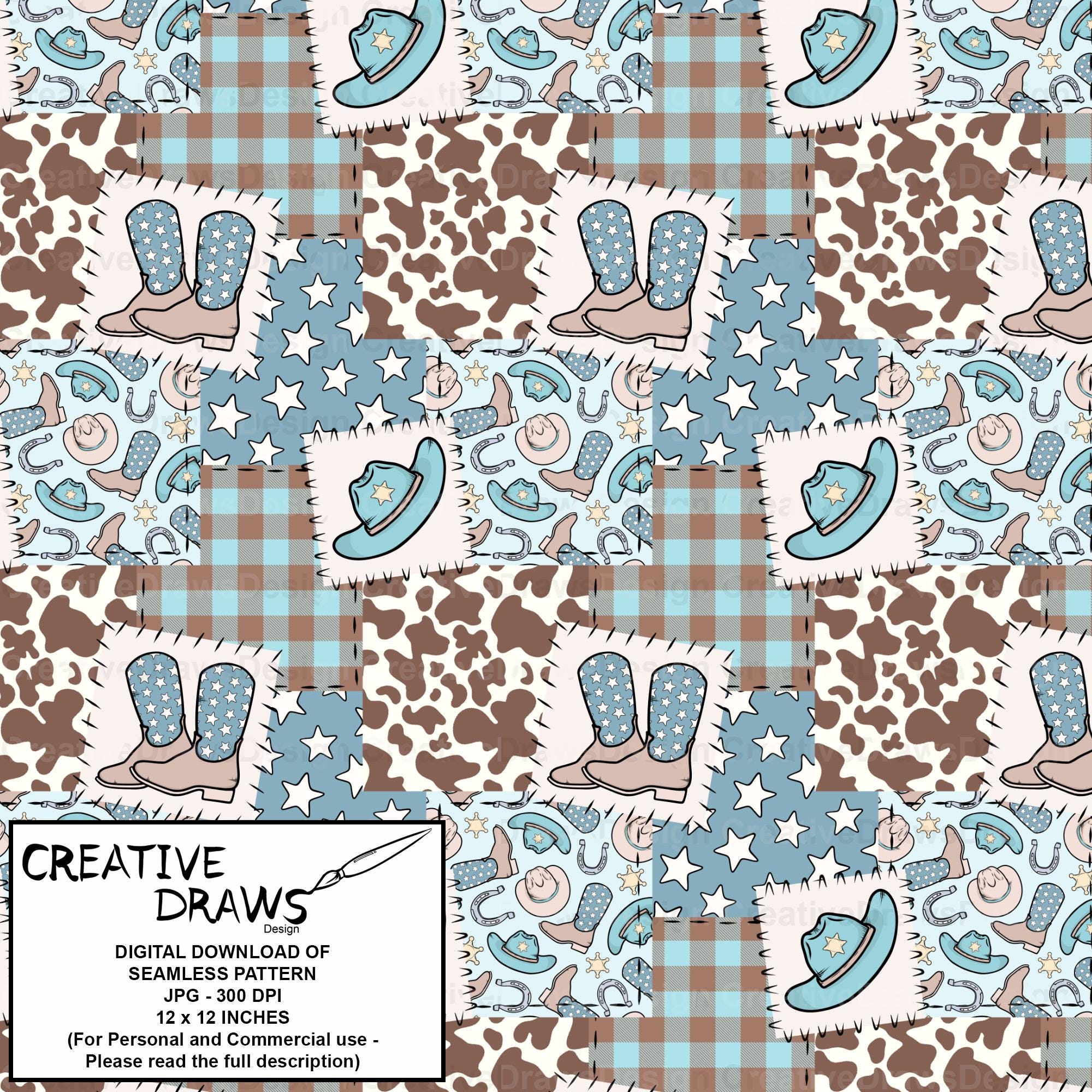 Beginner Western Pattern Western Patchwork Seamless Pattern, Digital Repeat Pattern for Personal ...