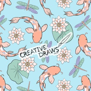 May include: A seamless pattern featuring pink and orange koi fish swimming among white water lilies with green lily pads, and purple dragonflies on a light blue background. The text "CREATIVE DRAWS Design" is in the center of the pattern.