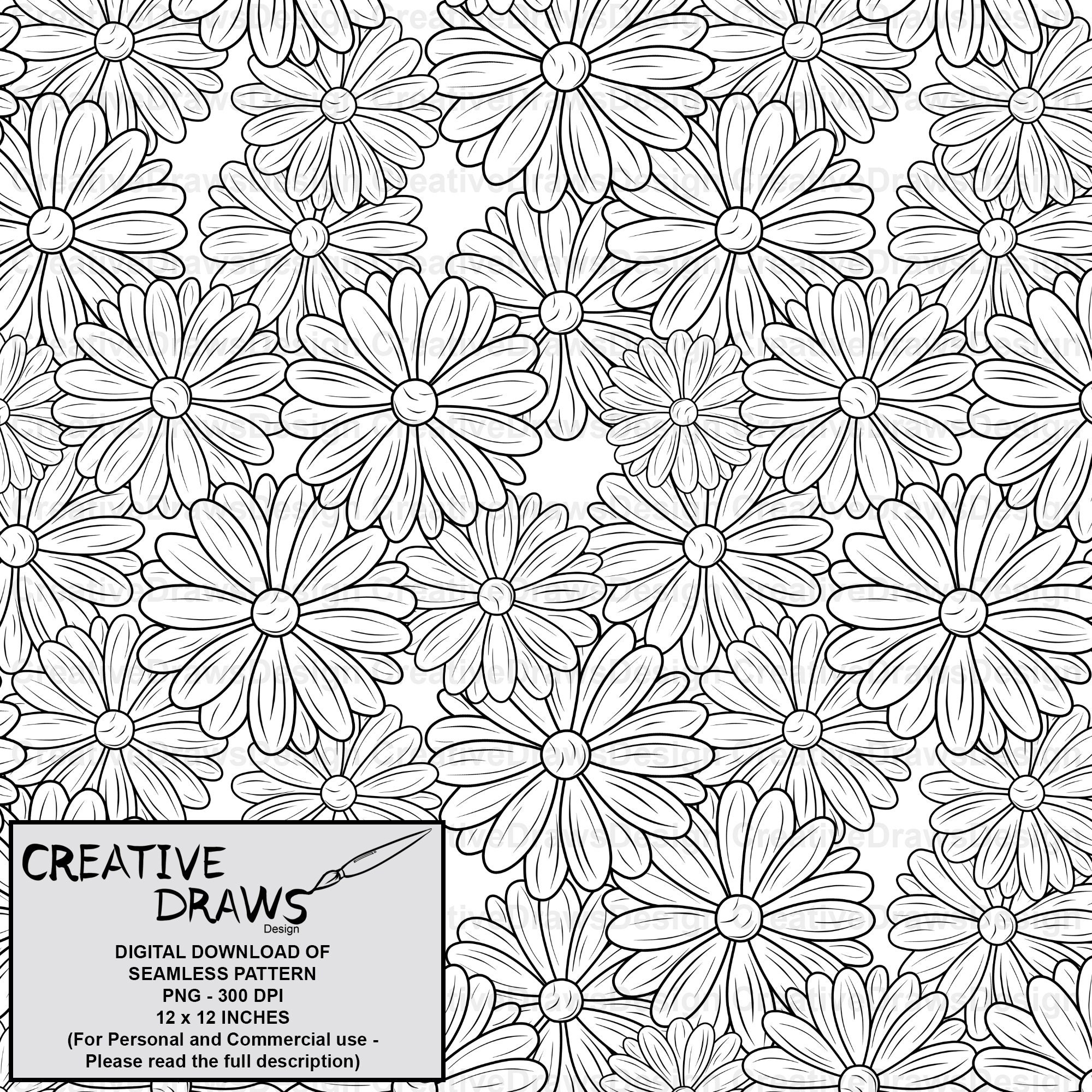 Daisy Flowers Seamless Pattern Line Art With Transparent Background ...