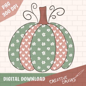 May include: A digital illustration of a pumpkin with a brown stem and decorative swirls. The pumpkin is divided into sections of green floral and pink heart patterns. The words "PNG 300 DPI" and "DIGITAL DOWNLOAD" are visible.