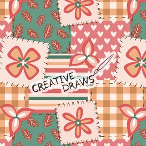 May include: A patchwork design featuring floral and leaf motifs, hearts, and plaid patterns in shades of pink, orange, and green. The design includes the text "CREATIVE DRAWS Design".