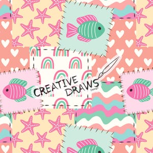 Puede incluir: Un diseño de patchwork con estrellas de mar rosas, peces, corazones y arcoíris. El diseño incluye el texto "CREATIVE DRAWS" con una ilustración de pincel. La paleta de colores incluye rosa, verde y amarillo.