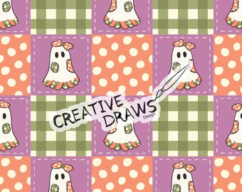 Ghost Checker Patchwork Seamless Pattern, Halloween Repeat Digital Paper