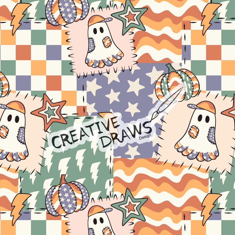 Ghost Pumpkin Patchwork Seamless Pattern, Halloween Repeat Digital Paper Bild 1