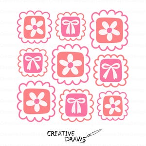 May include: Nine square designs with scalloped edges. Each square features a flower or bow in shades of pink and coral. The text "CREATIVE DRAWS" is at the bottom, with a pen drawing.