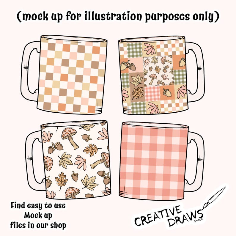 May include: Four coffee mugs with different autumn-themed designs. One mug features a checkerboard pattern in shades of brown and orange. Another has a patchwork design with leaves, mushrooms, and acorns. The third mug displays leaves, mushrooms, and acorns. The last mug has a pink gingham pattern.