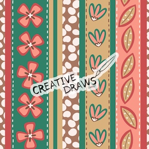 Op de afbeelding: Een kleurrijk digitaal patroon met verticale strepen. Het ontwerp bevat afwisselende strepen in groen, bruin met witte stippen, beige en koraal. Bloemen- en bladmotieven zijn door het patroon verspreid. De tekst "CREATIVE DRAWS Design" is over het beeld geplaatst.
