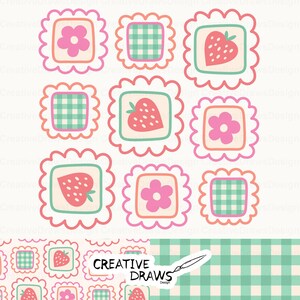 May include: A repeating pattern of nine square designs with scalloped edges. Each square contains a different design: a pink flower, a green and white gingham pattern, and a pink strawberry. The Creative Draws Design logo is at the bottom.