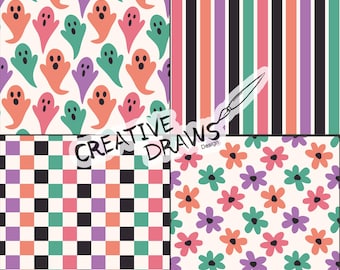 Conjunto de patrones sin costuras de Halloween, paquete de papel digital con estampado repetitivo de fantasmas