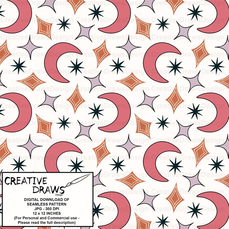Moon and Stars Seamless Pattern for Personal and Commercial Use, Repeat ...