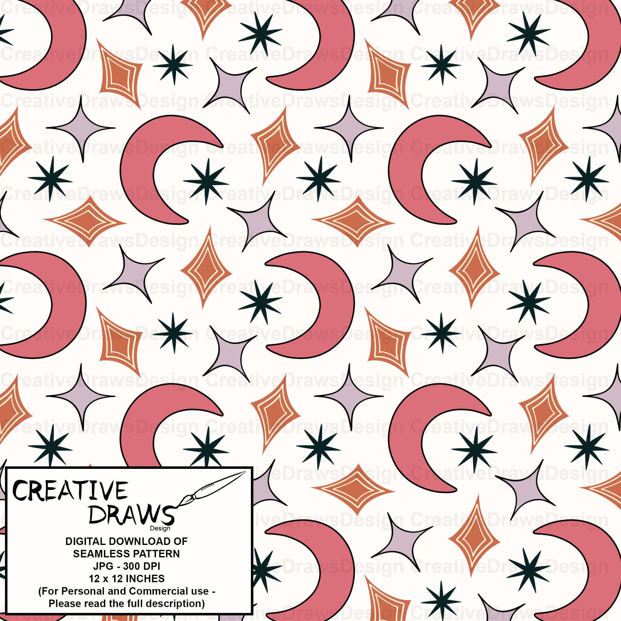 Moon Studio Pattern Moon and Stars Seamless Pattern for Personal and Commercial Use, Repeat ...