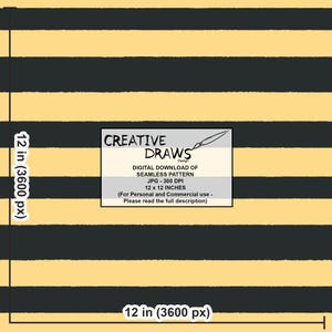 Op de afbeelding: Digitaal naadloos patroon met zwarte en gele horizontale strepen. De afbeelding bevat de tekst "CREATIVE DRAWS Design" en de afmetingen van het patroon: 30,48 x 30,48 cm.