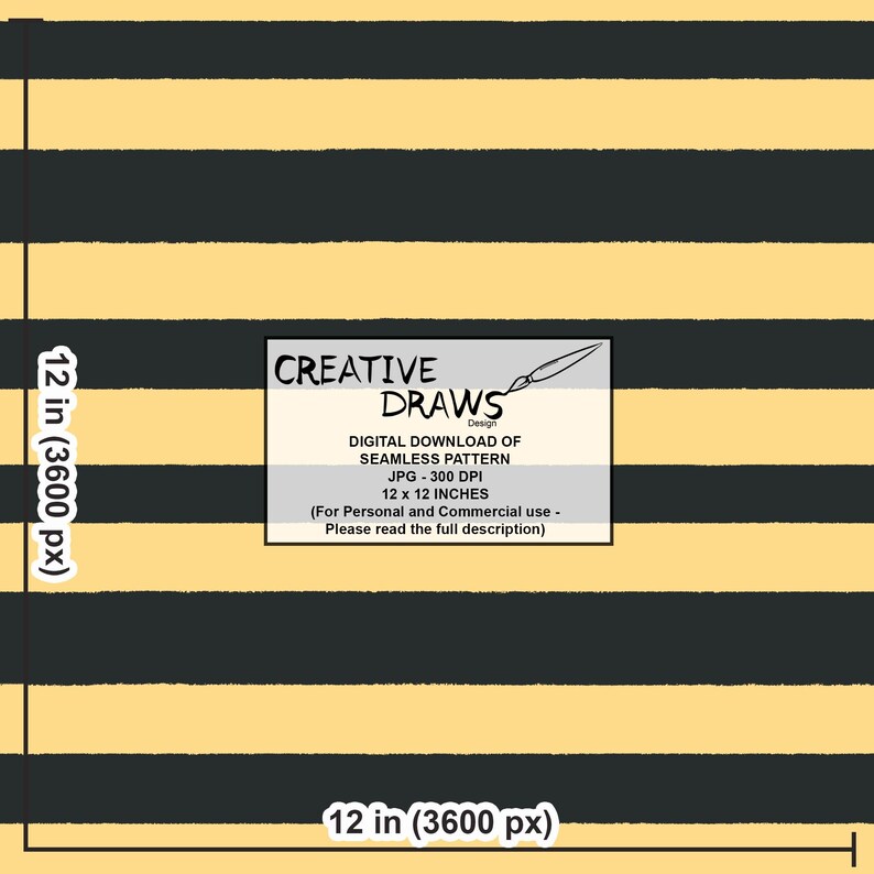 Op de afbeelding: Digitaal naadloos patroon met zwarte en gele horizontale strepen. De afbeelding bevat de tekst "CREATIVE DRAWS Design" en de afmetingen van het patroon: 30,48 x 30,48 cm.