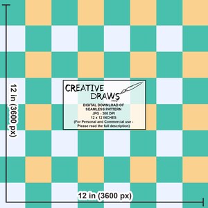 May include: A digital seamless pattern with a checkerboard design. The pattern features alternating squares of teal, white, and light orange. The image includes text that reads "CREATIVE DRAWS Design" and is 30.48 cm x 30.48 cm.