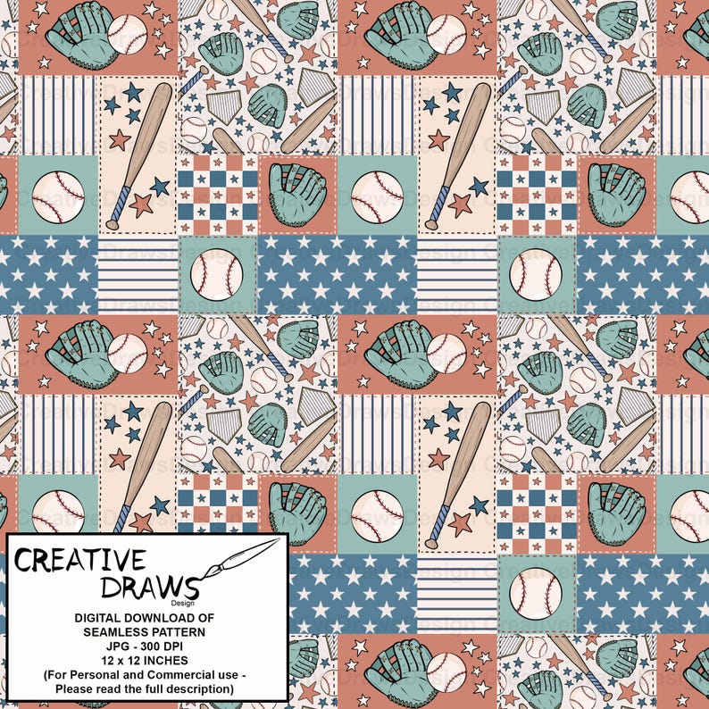Paquete de patrones sin costuras de patchwork de béisbol, juego de papeles digitales repetitivos imagen 3