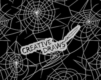 Puede incluir: Un patrón sin costuras en blanco y negro con un diseño repetitivo de telarañas. El texto "CREATIVE DRAWS Design" está en el centro de la imagen.