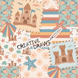 Puede incluir: Un patrón sin costuras que presenta un mosaico de diferentes diseños con temática veraniega. El patrón incluye castillos de arena, conchas marinas, estrellas de mar, sol y toallas de playa a rayas. El texto "CREATIVE DRAWS Design" aparece en el centro del patrón.