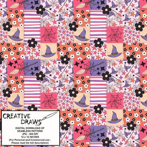 Puede incluir: Un dise&ntilde;o de patchwork con elementos tem&aacute;ticos de Halloween. El patr&oacute;n incluye sombreros de bruja, telara&ntilde;as, estrellas, flores y rayas en naranja, rosa, morado y negro. La imagen tambi&eacute;n contiene el texto "CREATIVE DRAWS Design" y "DIGITAL DOWNLOAD OF SEAMLESS PATTERN".