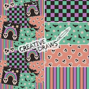 Puede incluir: Un dise&ntilde;o de patchwork con motivos de Halloween. Presenta calaveras, murci&eacute;lagos, arco&iacute;ris, estrellas y patrones de cuadros en negro, verde, morado y melocot&oacute;n. Tambi&eacute;n est&aacute; presente el texto "CREATIVE DRAWS Design".