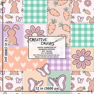 Op de afbeelding: Een digitale download van naadloze patronen van 30,5 x 30,5 cm met een patchwork-ontwerp met verschillende paasmotieven. De patronen omvatten konijnen, vlinders, wortels, bloemen, harten en geruite patronen in pastelkleuren.
