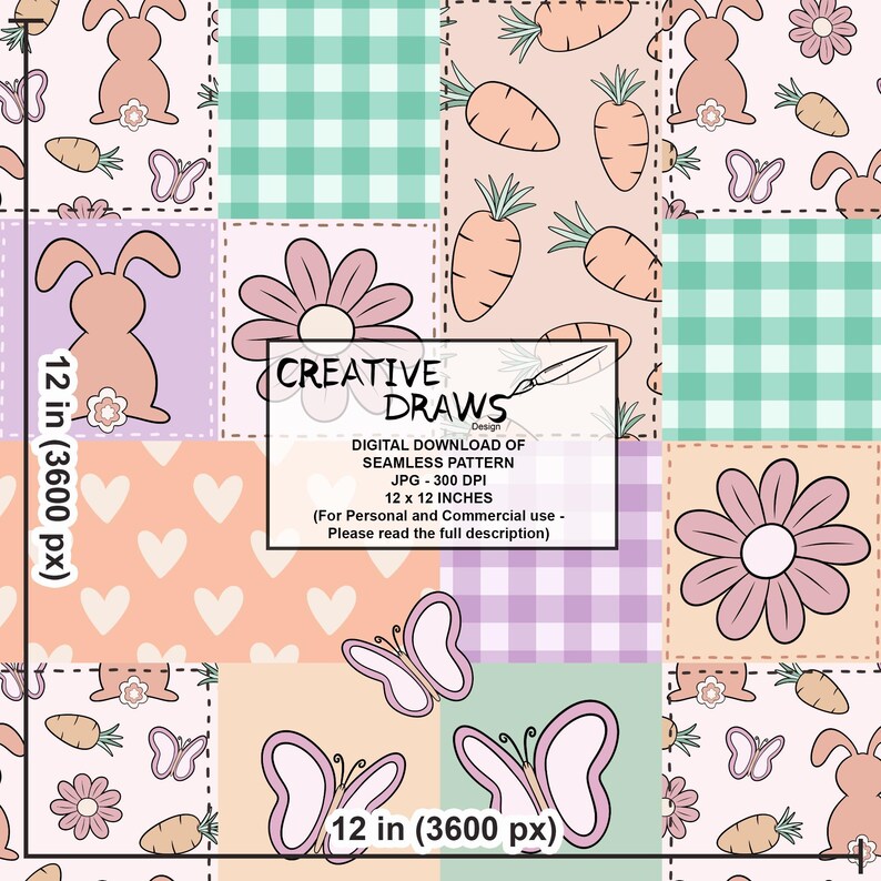 Op de afbeelding: Een digitale download van naadloze patronen van 30,5 x 30,5 cm met een patchwork-ontwerp met verschillende paasmotieven. De patronen omvatten konijnen, vlinders, wortels, bloemen, harten en geruite patronen in pastelkleuren.