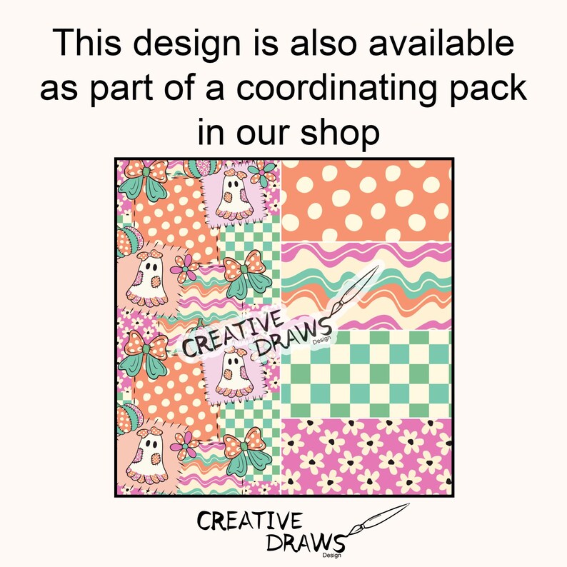 Op de afbeelding: Een digitaal grafisch ontwerp met een patchwork van patronen, waaronder spoken, strikken, bloemen, stippen, golvende lijnen en een dambordpatroon in oranje, roze, groenblauw en wit. De tekst "CREATIVE DRAWS" is zichtbaar met een penseelpictogram.