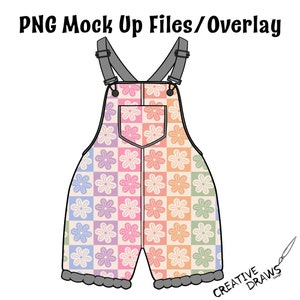 May include: A black and white line drawing of a pair of overalls with a checkered pattern and floral design. The overalls have a large pocket on the front and adjustable straps.