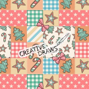 Puede incluir: Un patrón sin costuras que presenta un diseño de patchwork con varios elementos navideños, incluyendo bastones de caramelo, estrellas y árboles de Navidad. El patrón está en tonos de rosa, verde, azul y blanco.