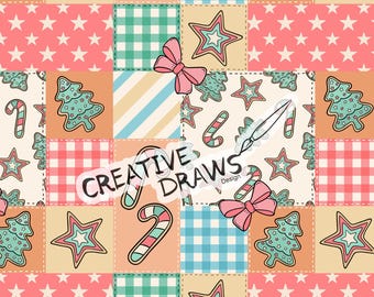 May include: A seamless pattern featuring a patchwork design with various Christmas-themed elements, including candy canes, stars, and Christmas trees. The pattern is in shades of pink, green, blue, and white.